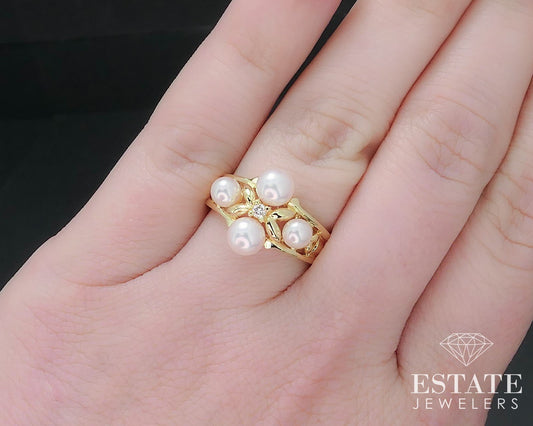 Vintage 18k Yellow Gold Mikimoto Akoya Pearl & Diamond Ring 5.2g i16589