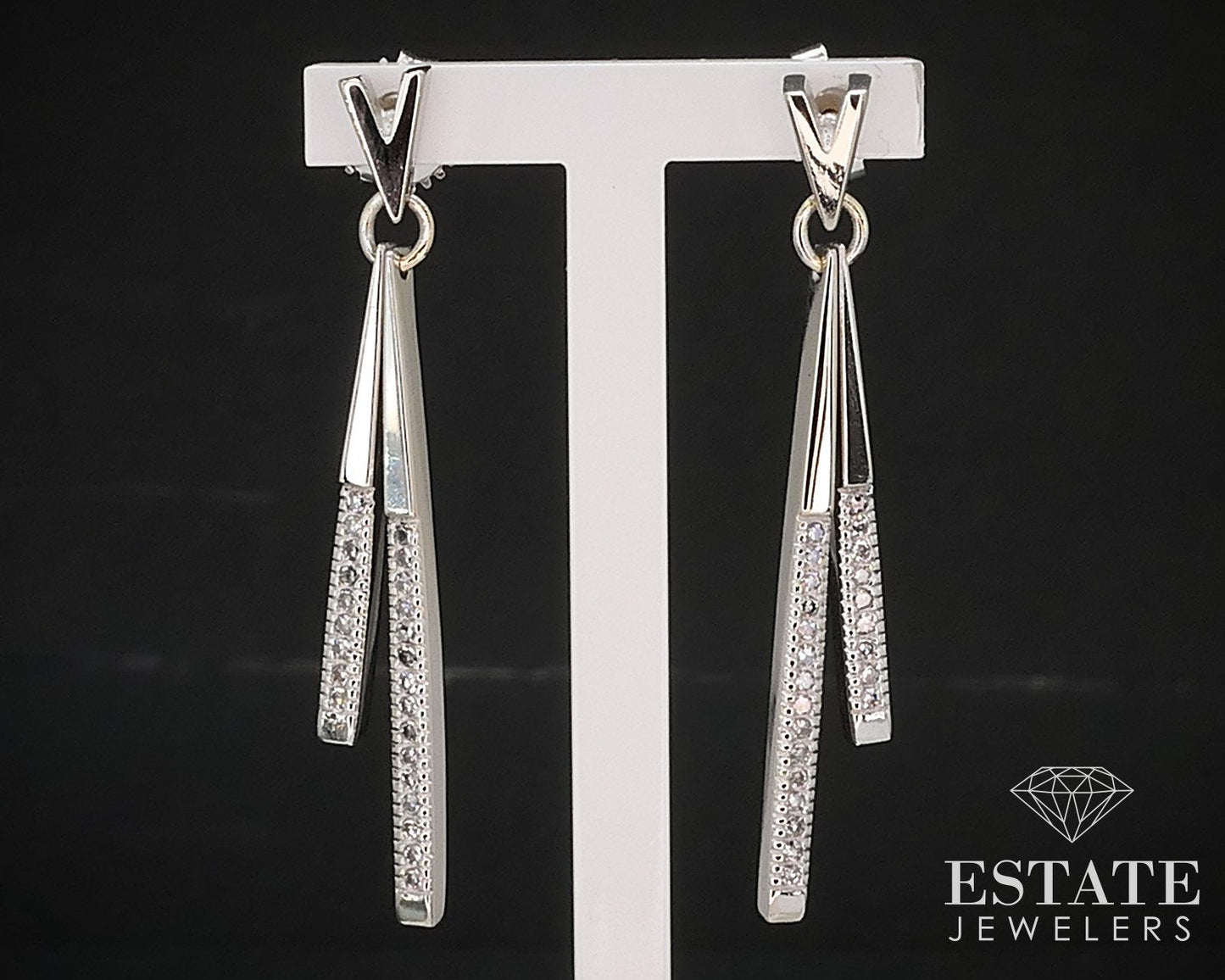 14k White Gold Natural .24ctw Diamond Bar Dangle Ladies Earrings 6.4g i16605