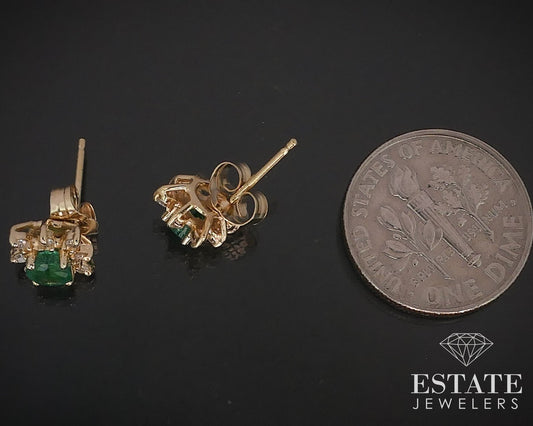 14k Yellow Gold Round Natural Emerald & Diamond Halo Stud Earrings i16593