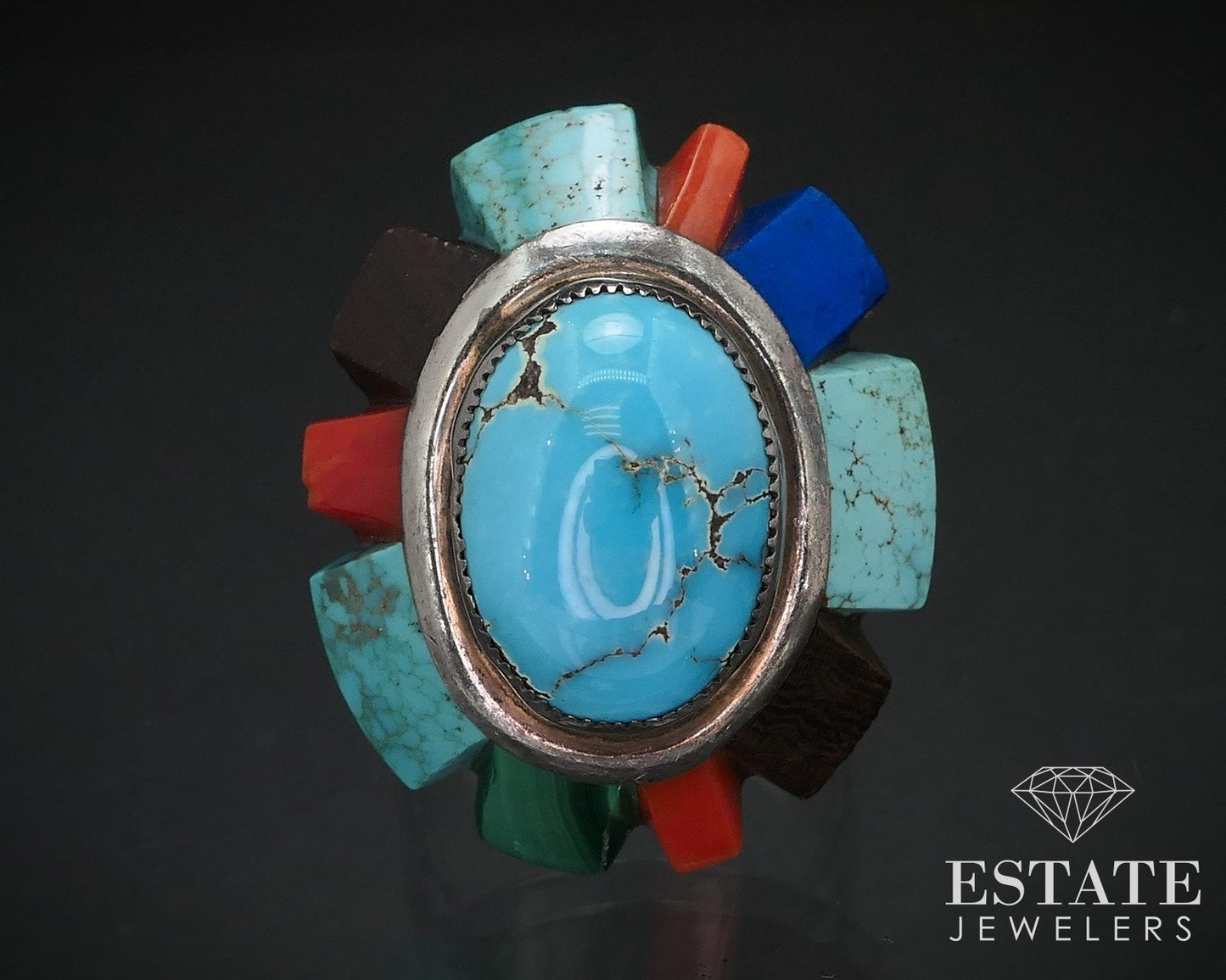 Vintage Sterling Navajo Natural Multi Gem Saunsa Ladies Shield Ring 18g i16747