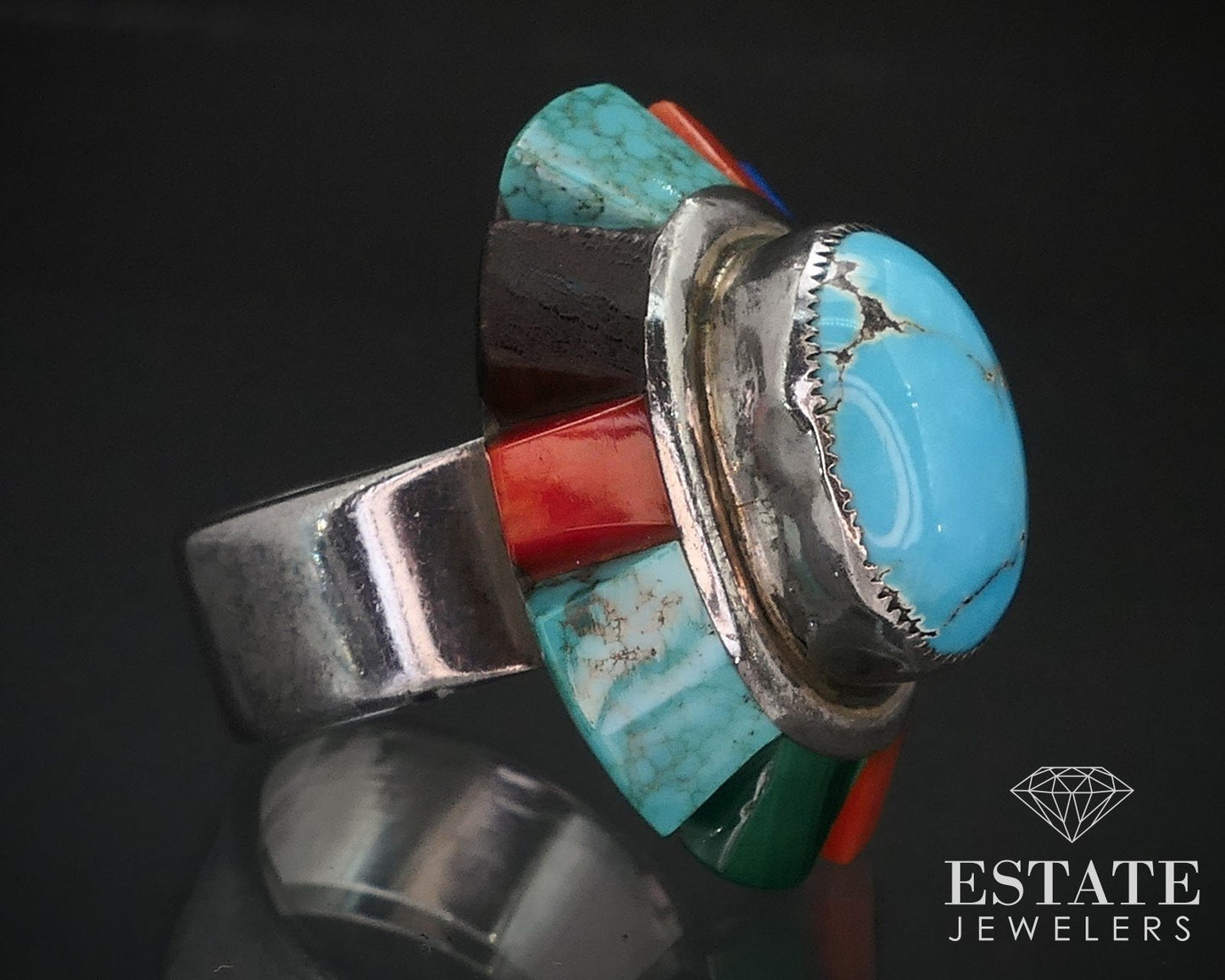 Vintage Sterling Navajo Natural Multi Gem Saunsa Ladies Shield Ring 18g i16747
