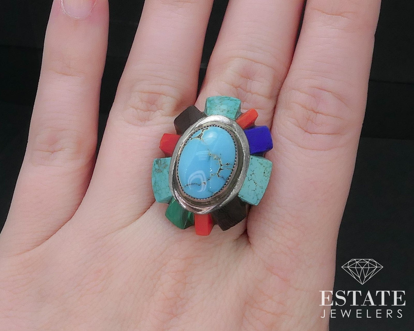 Vintage Sterling Navajo Natural Multi Gem Saunsa Ladies Shield Ring 18g i16747
