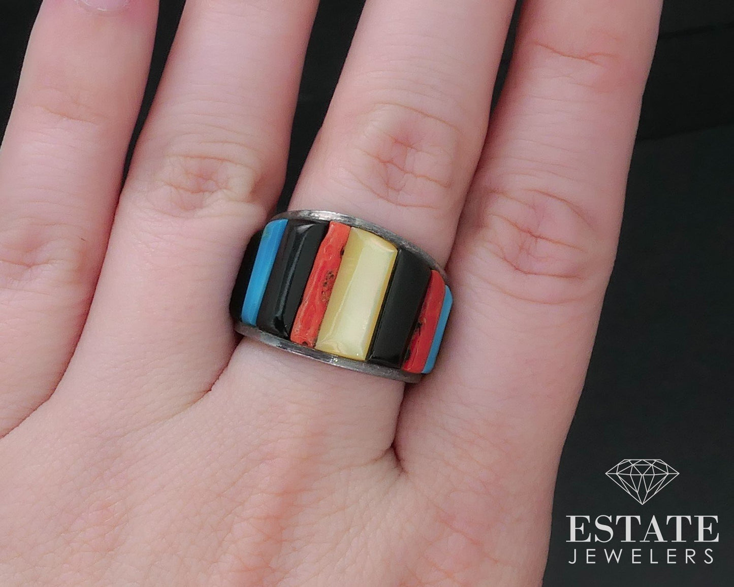 Vintage Sterling Navajo Natural Multi Gem Raised Inlaid Band Ring 6.8g i16746