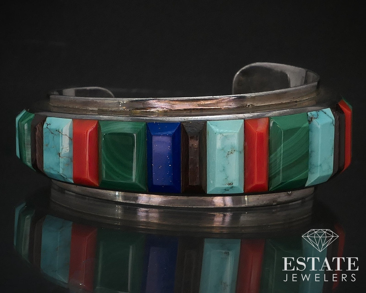 Vintage Sterling Navajo Natural Multi Gem Saunsa Cuff Bracelet 68g i16745