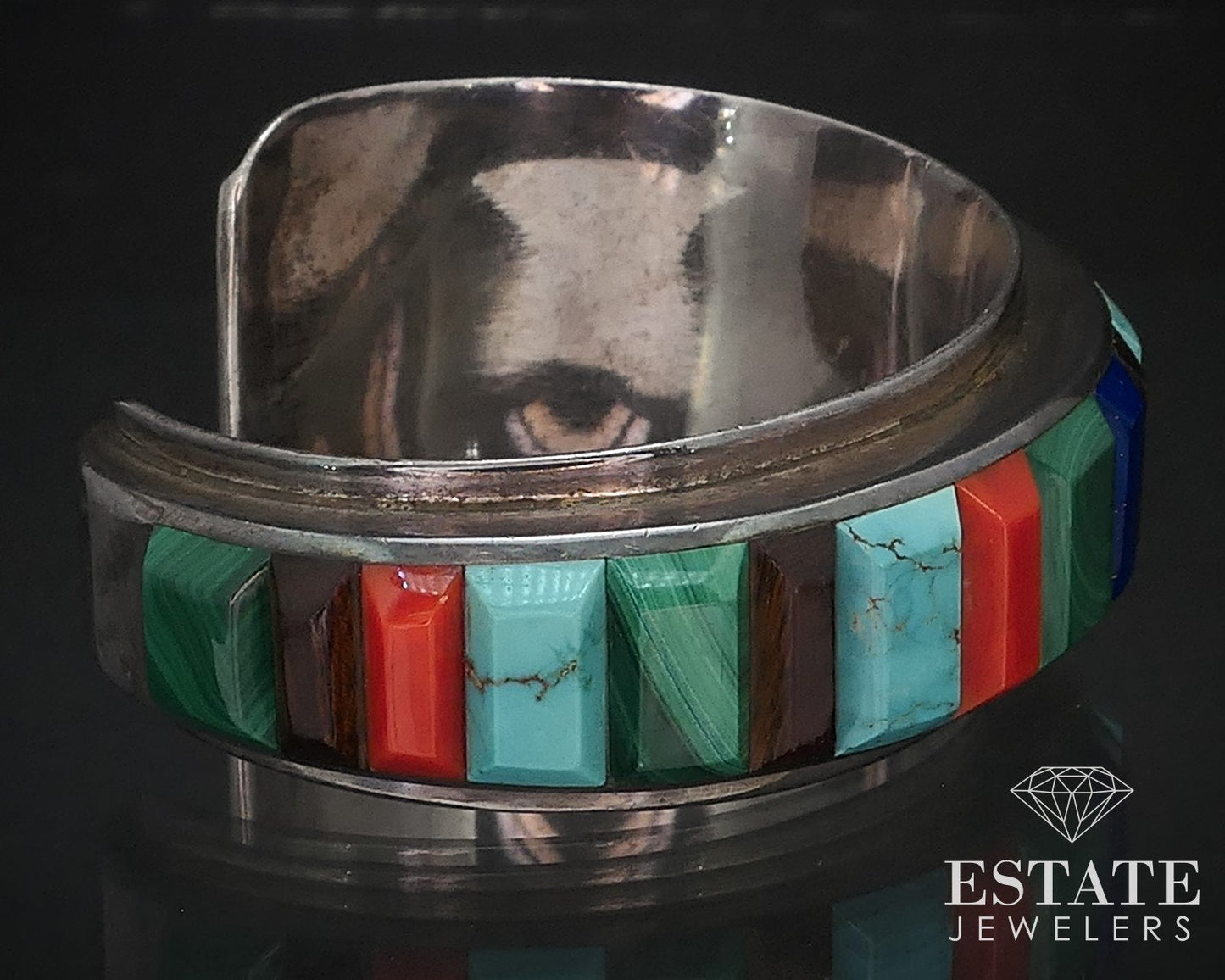 Vintage Sterling Navajo Natural Multi Gem Saunsa Cuff Bracelet 68g i16745