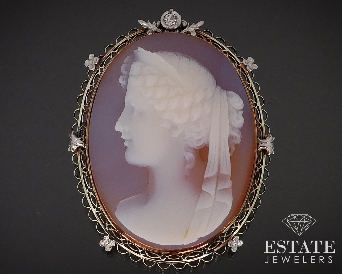 Antique Victorian 14k Yellow Gold Natural Cameo Diamond Pin Brooch 19.4g i16680