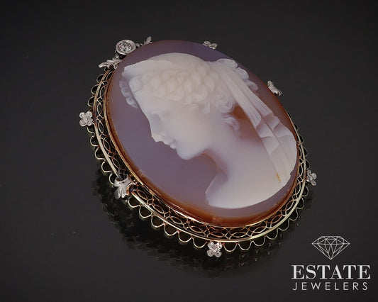 Antique Victorian 14k Yellow Gold Natural Cameo Diamond Pin Brooch 19.4g i16680