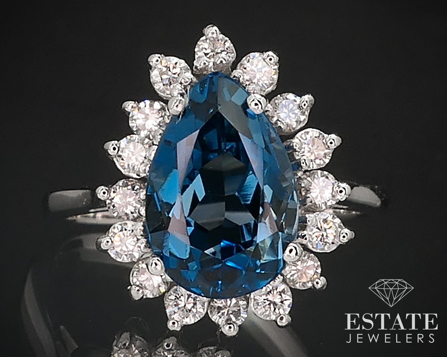 14k White Gold Pear Natural London Blue Topaz & Diamond Halo Ring 5.1g i16668