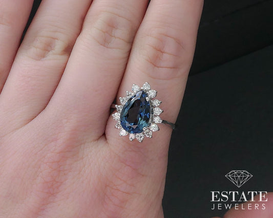 14k White Gold Pear Natural London Blue Topaz & Diamond Halo Ring 5.1g i16668