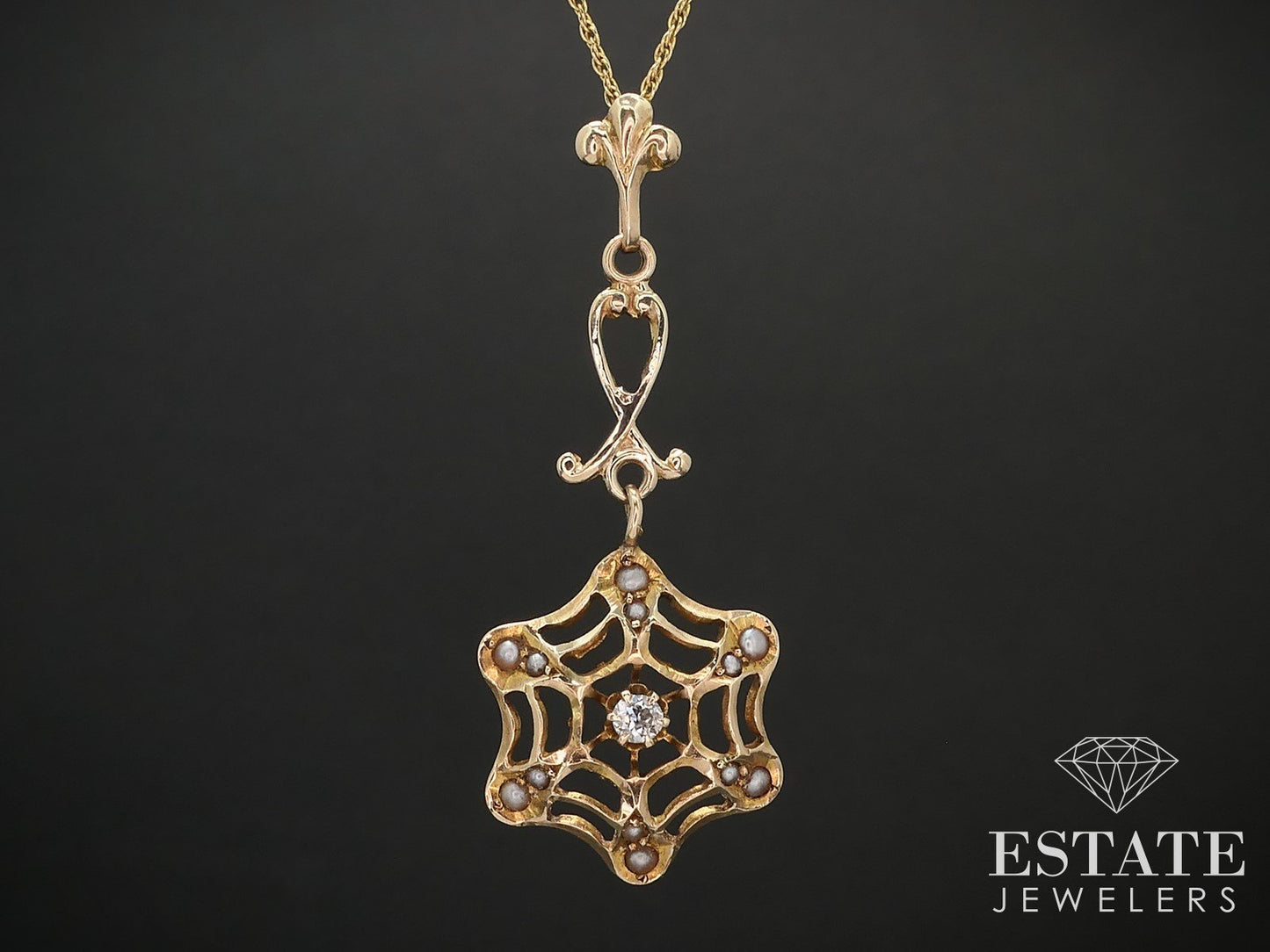 Antique Yellow Gold Diamond & Seed Pearl Spider Web Pendant Necklace 2g i16685