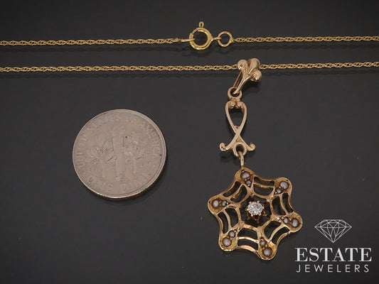 Antique Yellow Gold Diamond & Seed Pearl Spider Web Pendant Necklace 2g i16685