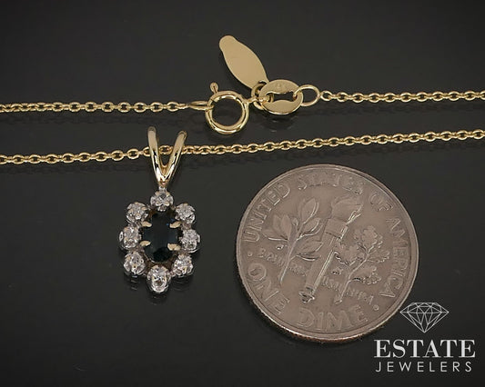 14k Yellow Gold Natural Blue Sapphire & Diamond Oval Halo Necklace 2.7g i16758