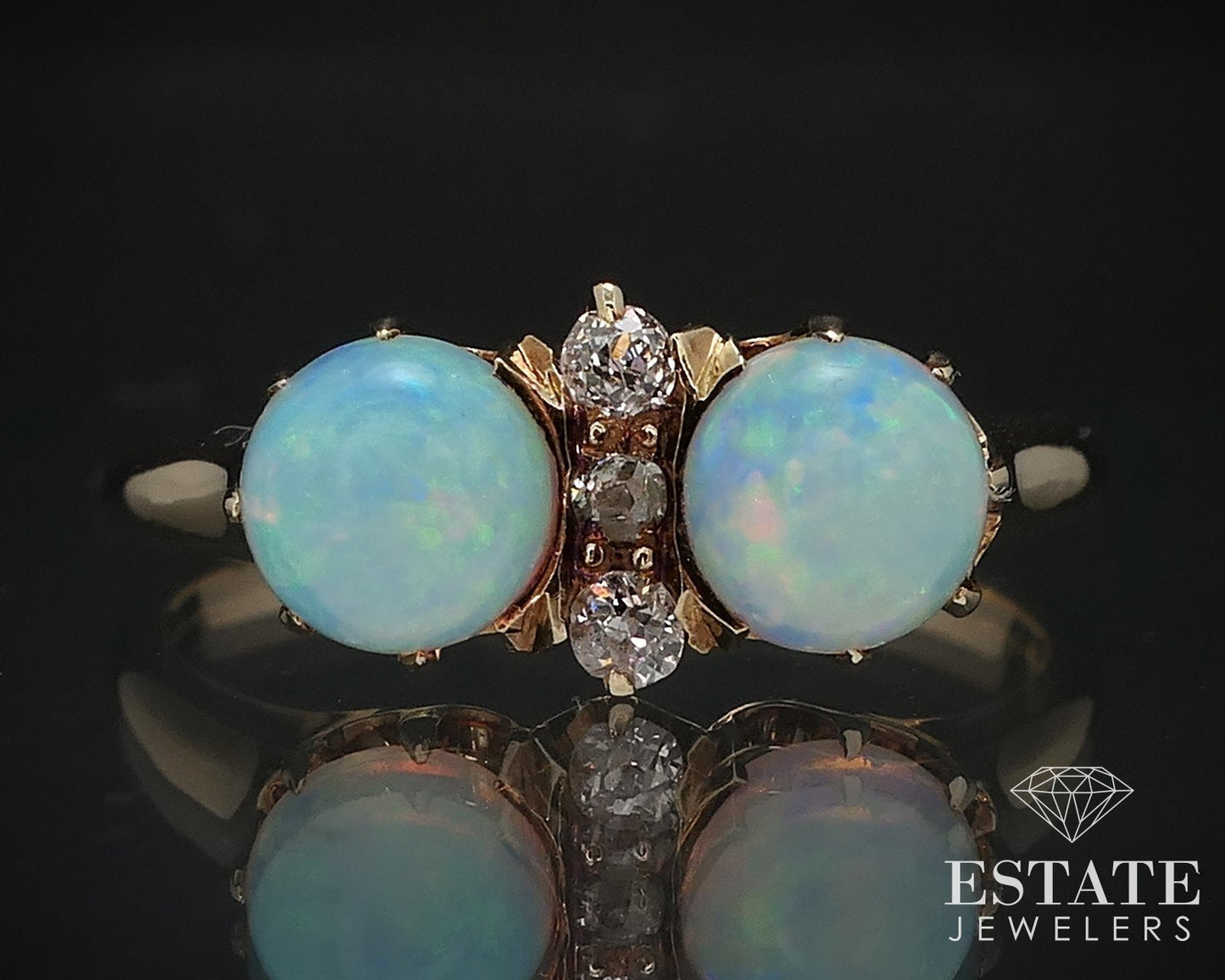 Antique Victorian 14k Yellow Gold Natural Opal & Cut Diamond Ring 3.5g i16761