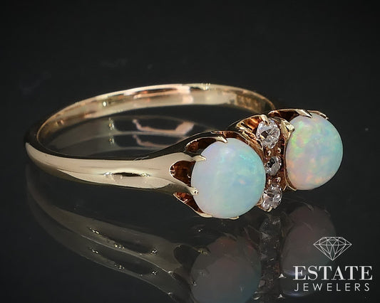 Antique Victorian 14k Yellow Gold Natural Opal & Cut Diamond Ring 3.5g i16761