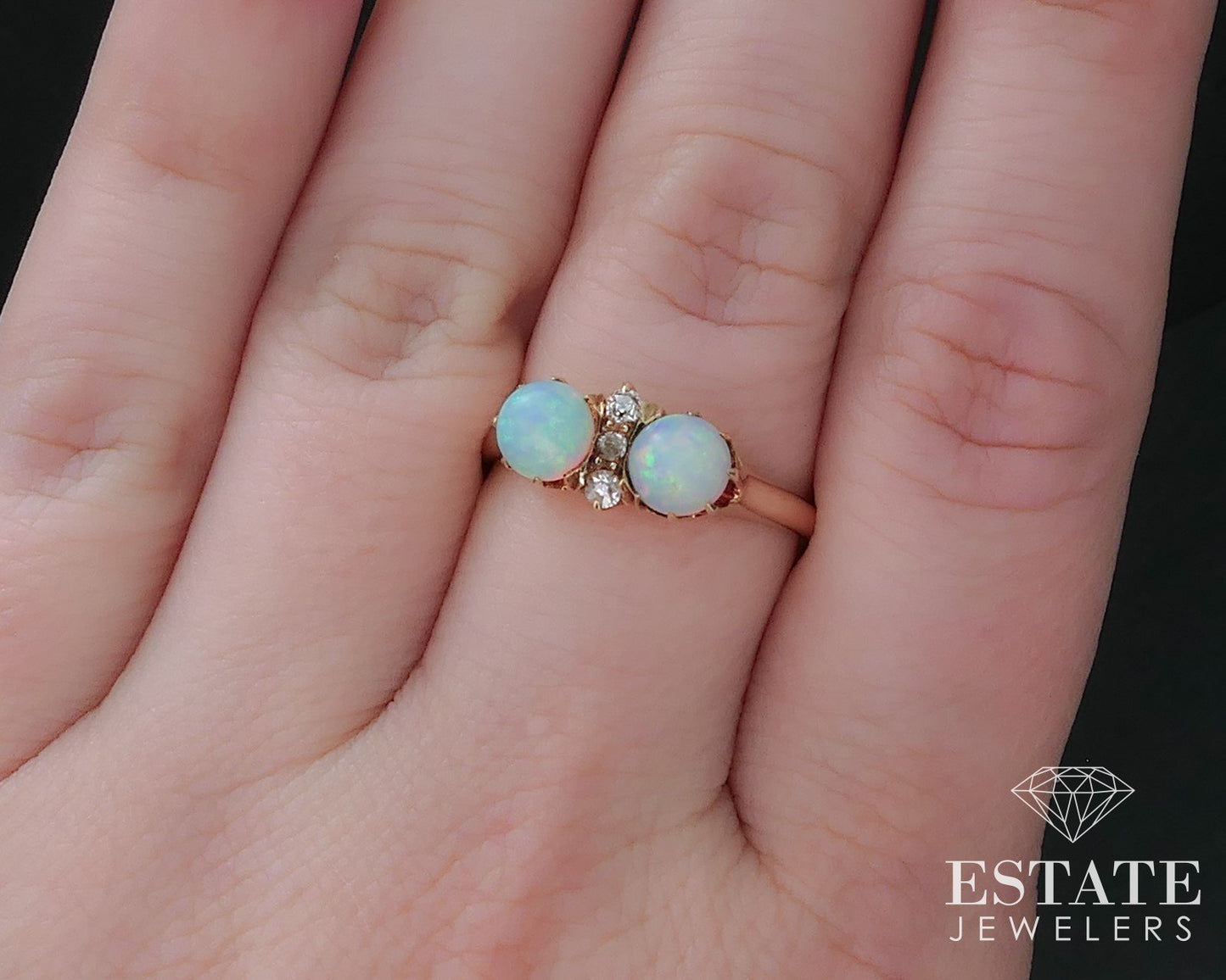Antique Victorian 14k Yellow Gold Natural Opal & Cut Diamond Ring 3.5g i16761
