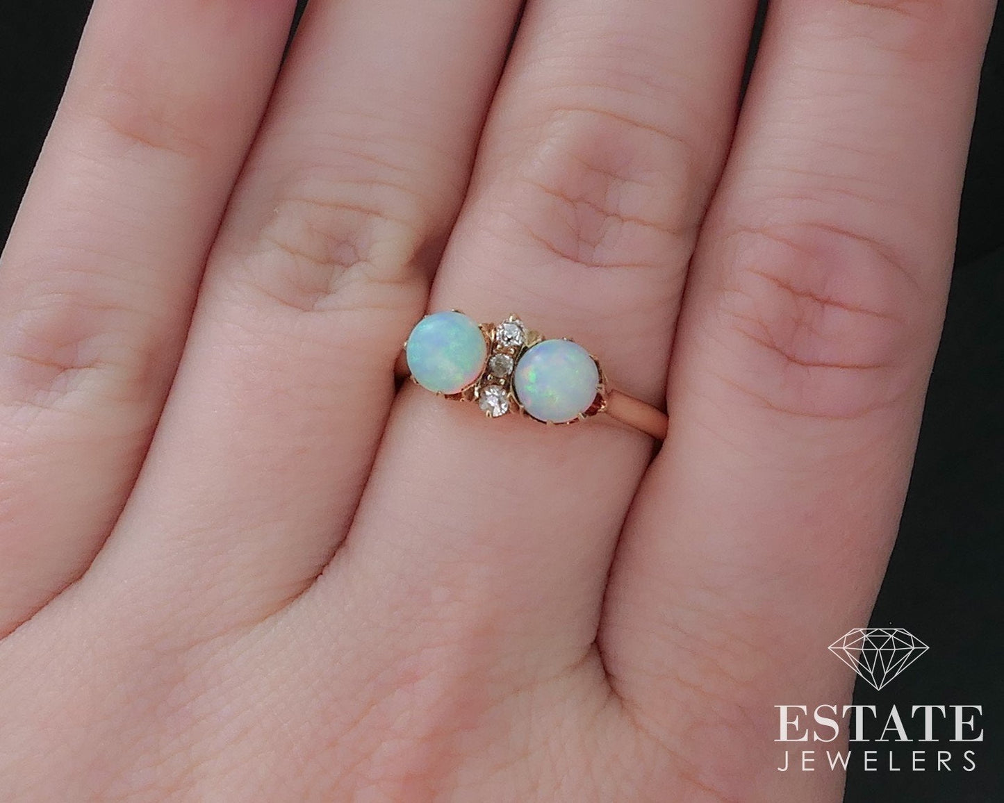 Antique Victorian 14k Yellow Gold Natural Opal & Cut Diamond Ring 3.5g i16761