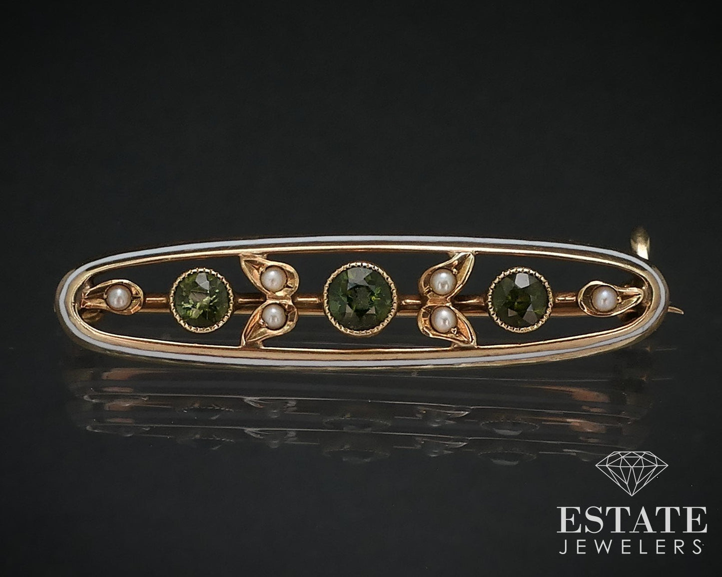 Antique 14k Yellow Gold Natural Peridot & Seed Pearl Pin Brooch 2.2g i16772