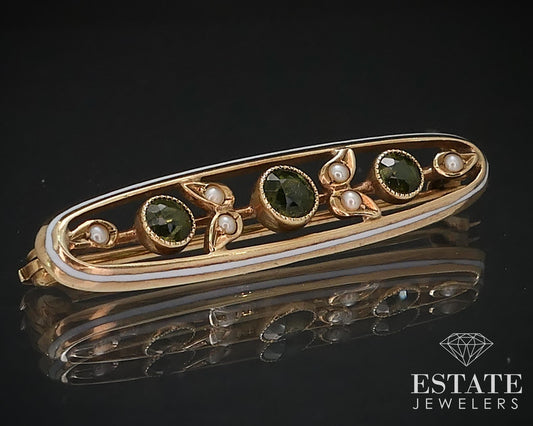 Antique 14k Yellow Gold Natural Peridot & Seed Pearl Pin Brooch 2.2g i16772