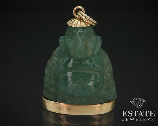 Antique 14k Yellow Gold Natural Green Jade Buddha Charm Pendant 6.5g i16751