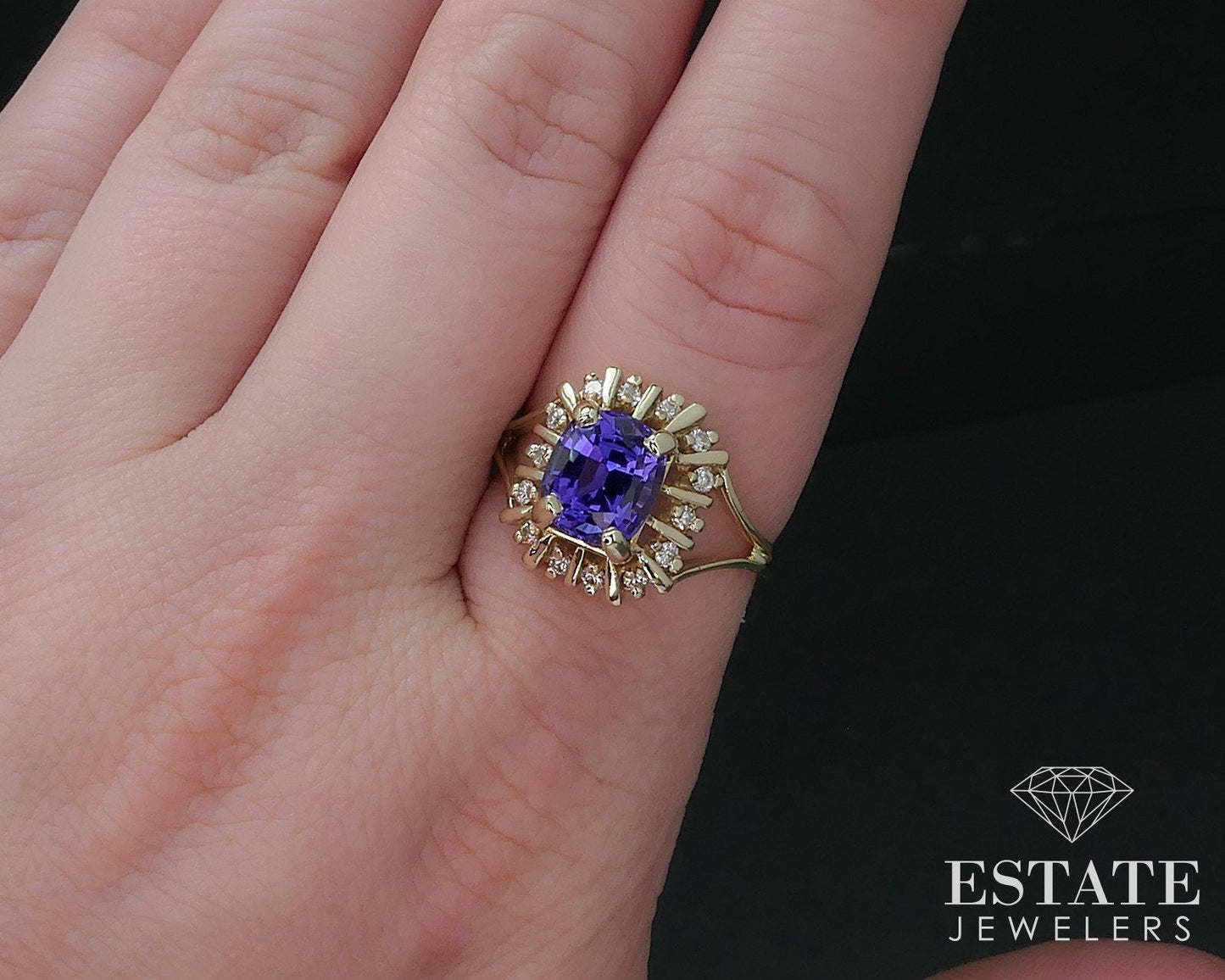 14k Yellow Gold Cushion Natural 2ct Tanzanite & Diamond Halo Ring 4.4g i16753