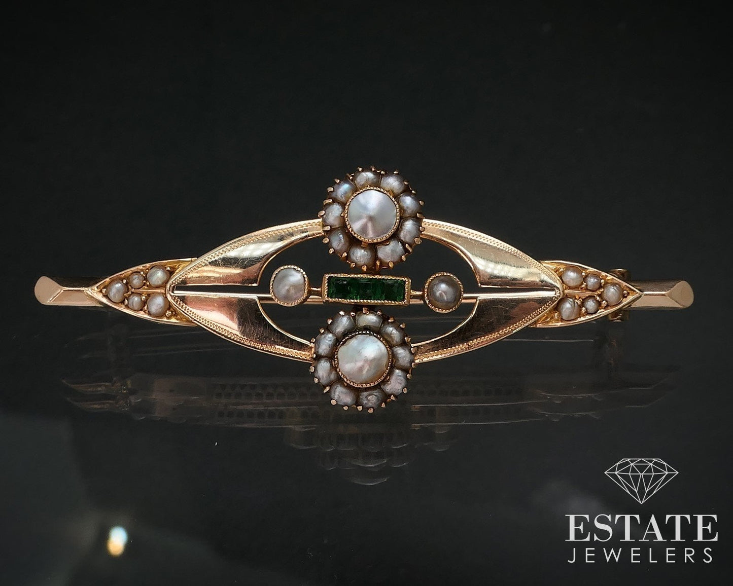 Antique Nouveau 10k Yellow Gold Green Stone Seed Pearl Pin Brooch 5g i16760