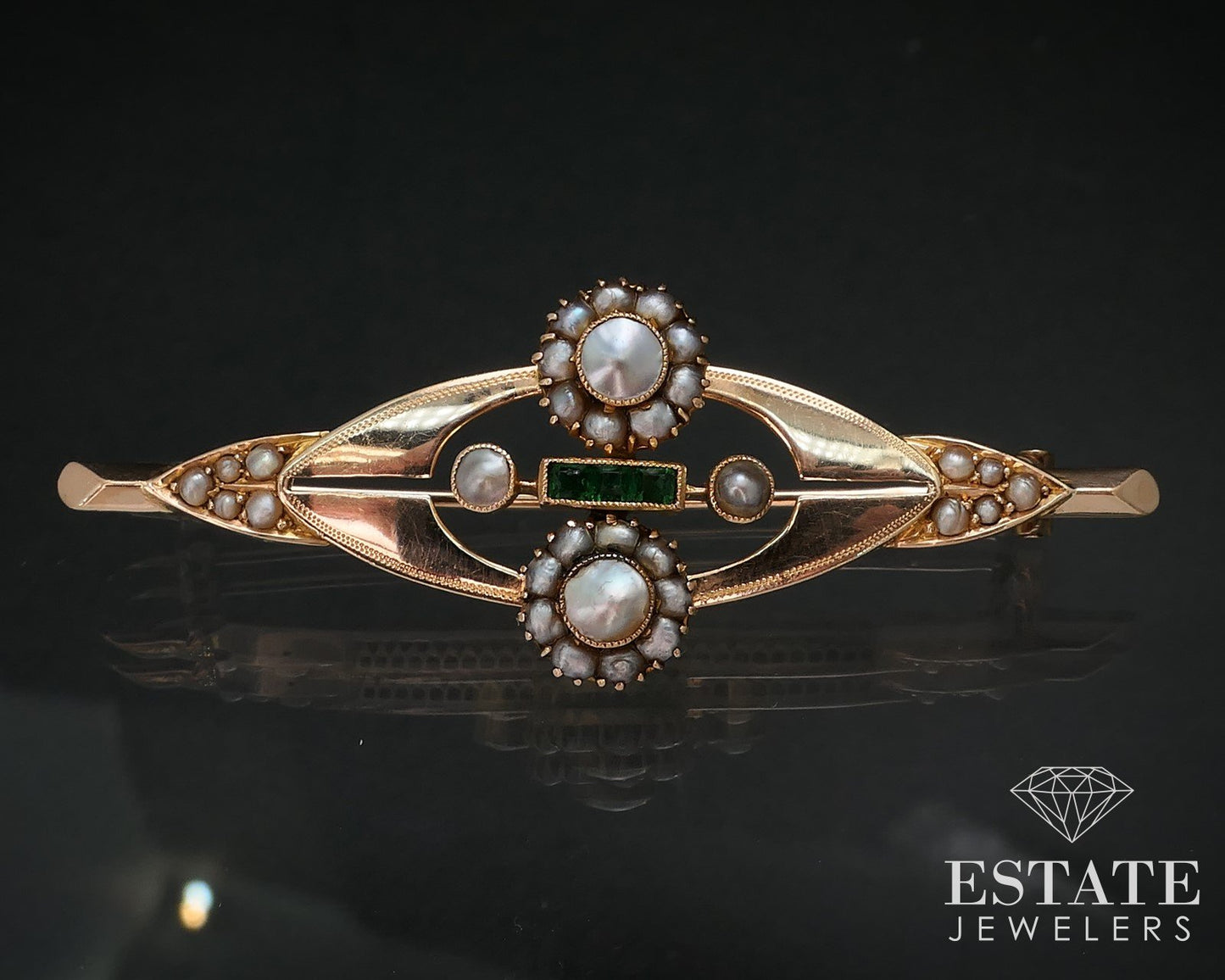 Antique Nouveau 10k Yellow Gold Green Stone Seed Pearl Pin Brooch 5g i16760