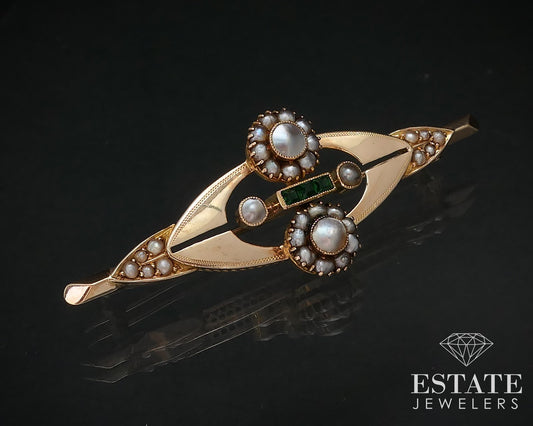 Antique Nouveau 10k Yellow Gold Green Stone Seed Pearl Pin Brooch 5g i16760