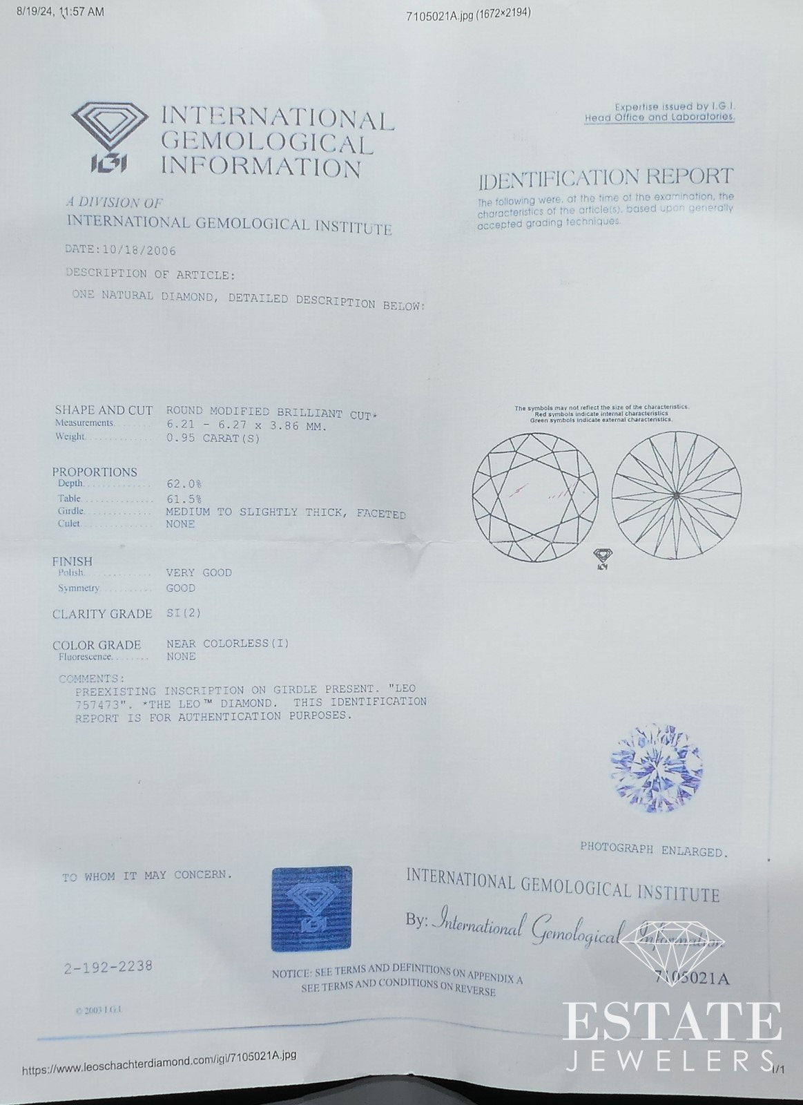 Platinum IGI LEO Round Natural .95ct Diamond Solitaire Engagement Ring 3g i16785