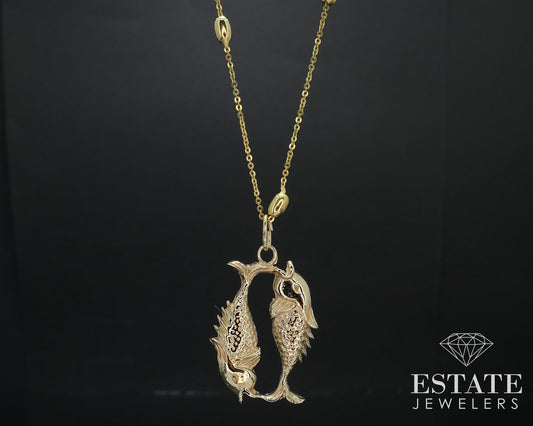 14k Yellow Gold Pisces Zodiac Charm Beaded Station Necklace 6.1g 18"L i16790
