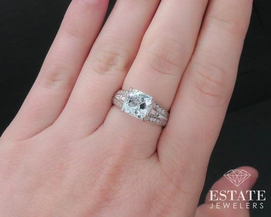 14k White Gold Cushion Natural 2.15ct Aquamarine & Diamond Ring 5.8g i16816