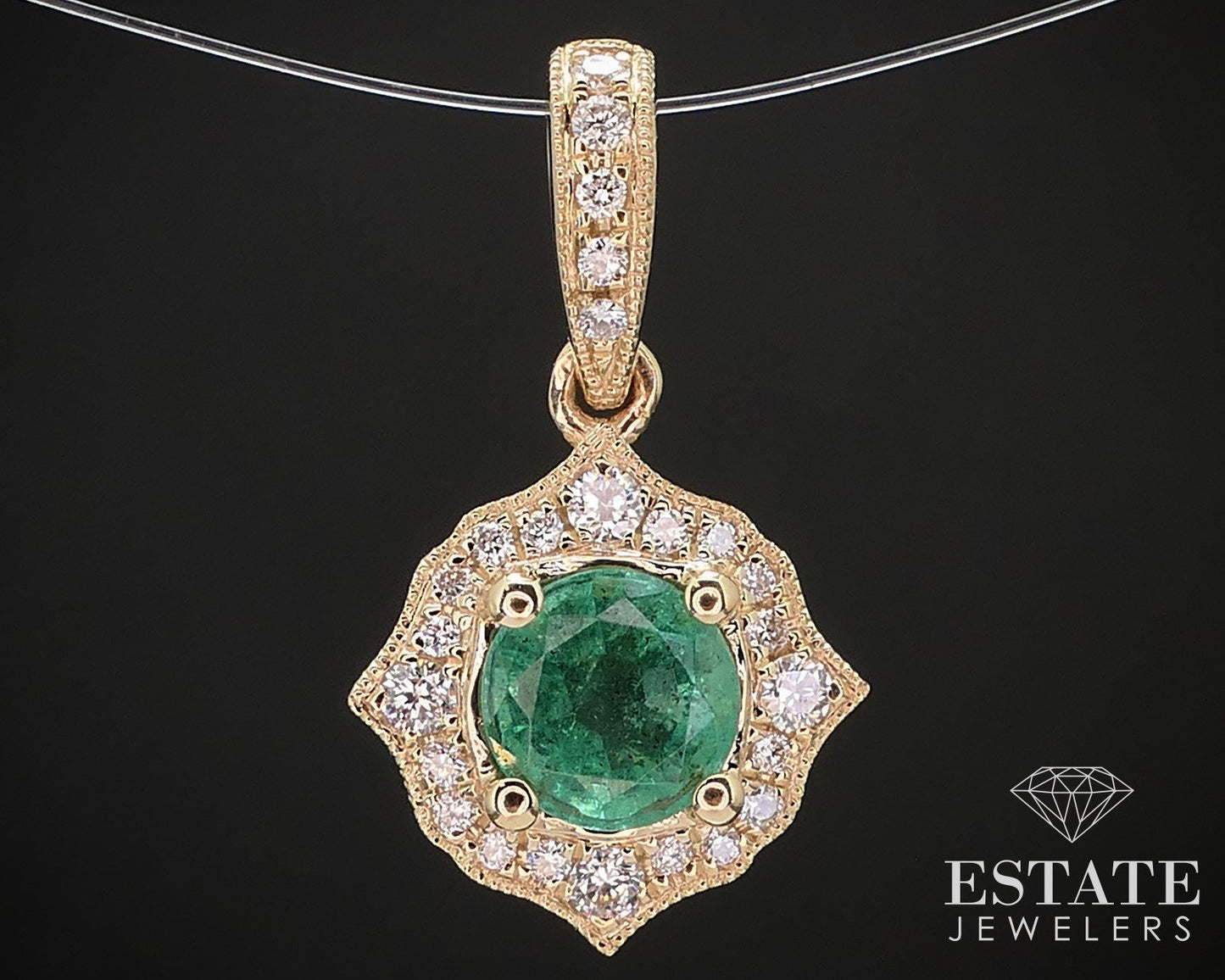 14k Yellow Gold Natural .51ct Emerald & Diamond Halo Ladies Pendant 1.4g i16842