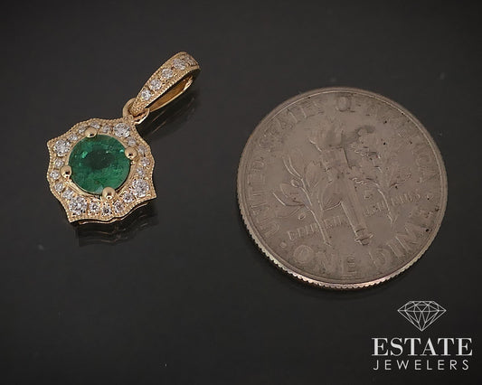 14k Yellow Gold Natural .51ct Emerald & Diamond Halo Ladies Pendant 1.4g i16842