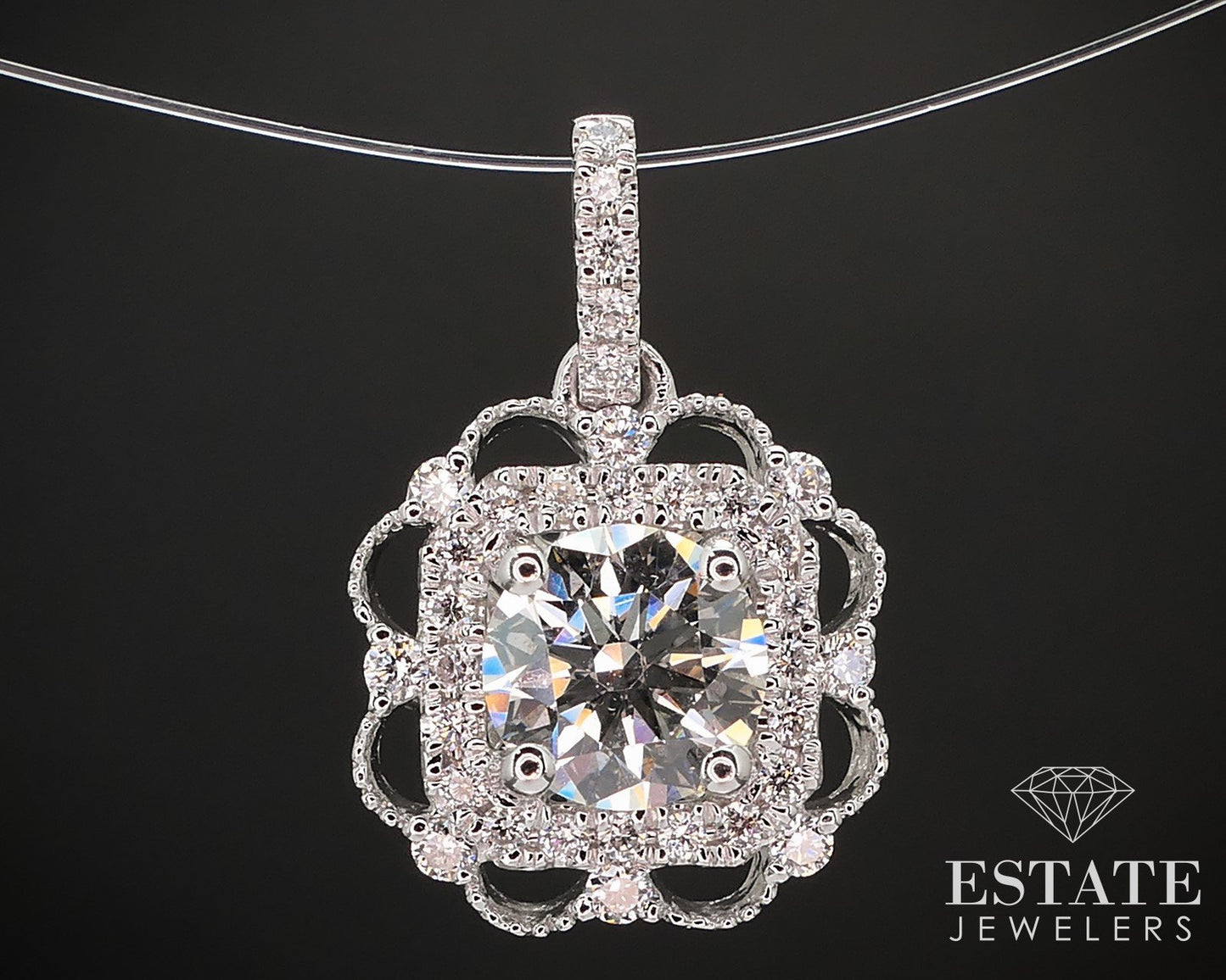 14k White Gold Round Natural .77ctw Diamond Filigree Pendant 1.1g i16845
