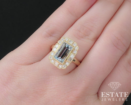 14K Yellow Gold Natural 2.19ct Aquamarine Diamond Cocktail Ring 5.7g i16844