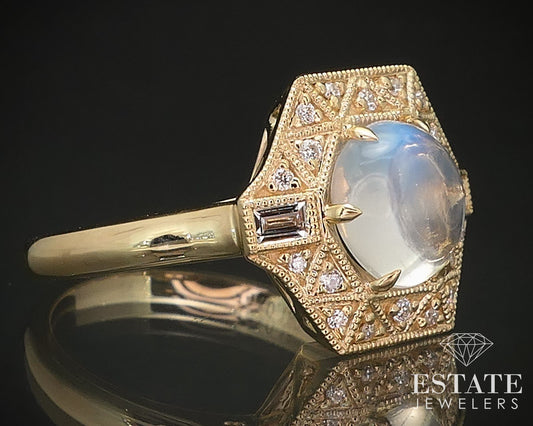 14k Yellow Gold Natural Blue Sheen Moonstone & Diamond Cocktail Ring 4.7g i16847