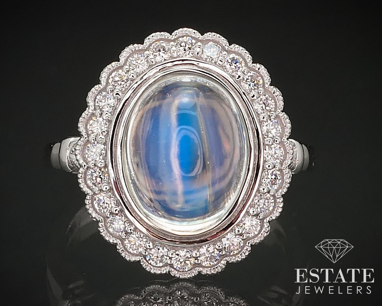 14k White Gold Natural Blue Sheen Moonstone & Diamond Cocktail Ring 6.2g i16848