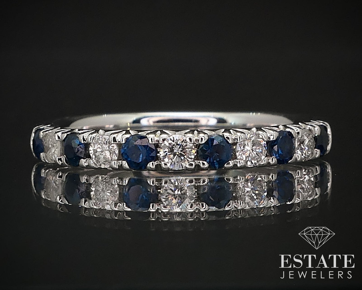 14k White Gold Natural Blue Sapphire & Diamond Ladies Band Ring 2.5g i16826
