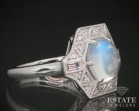 14k White Gold Natural Blue Sheen Moonstone & Diamond Cocktail Ring 4.8g i16846
