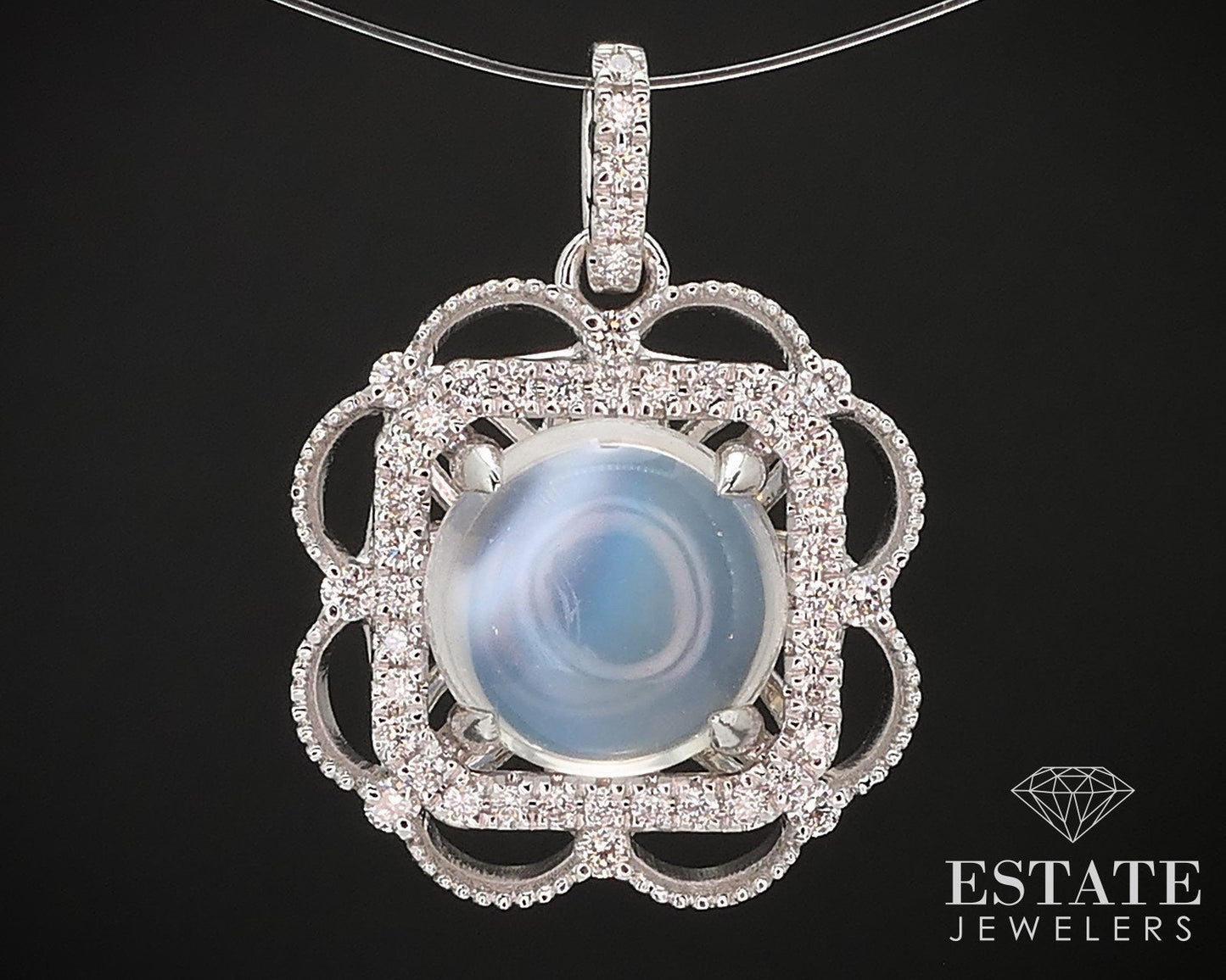 14k White Gold Natural Blue Sheen Moonstone & Diamond Flower Pendant 2.9g i16849