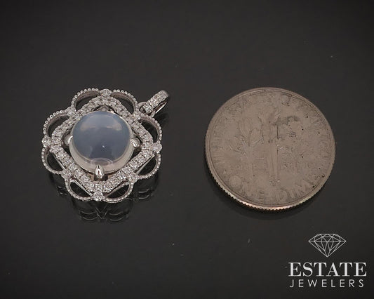 14k White Gold Natural Blue Sheen Moonstone & Diamond Flower Pendant 2.9g i16849