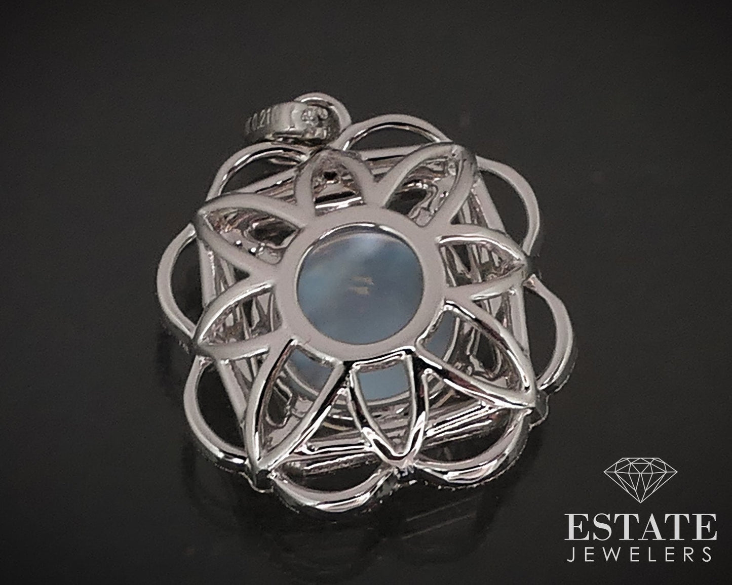 14k White Gold Natural Blue Sheen Moonstone & Diamond Flower Pendant 2.9g i16849