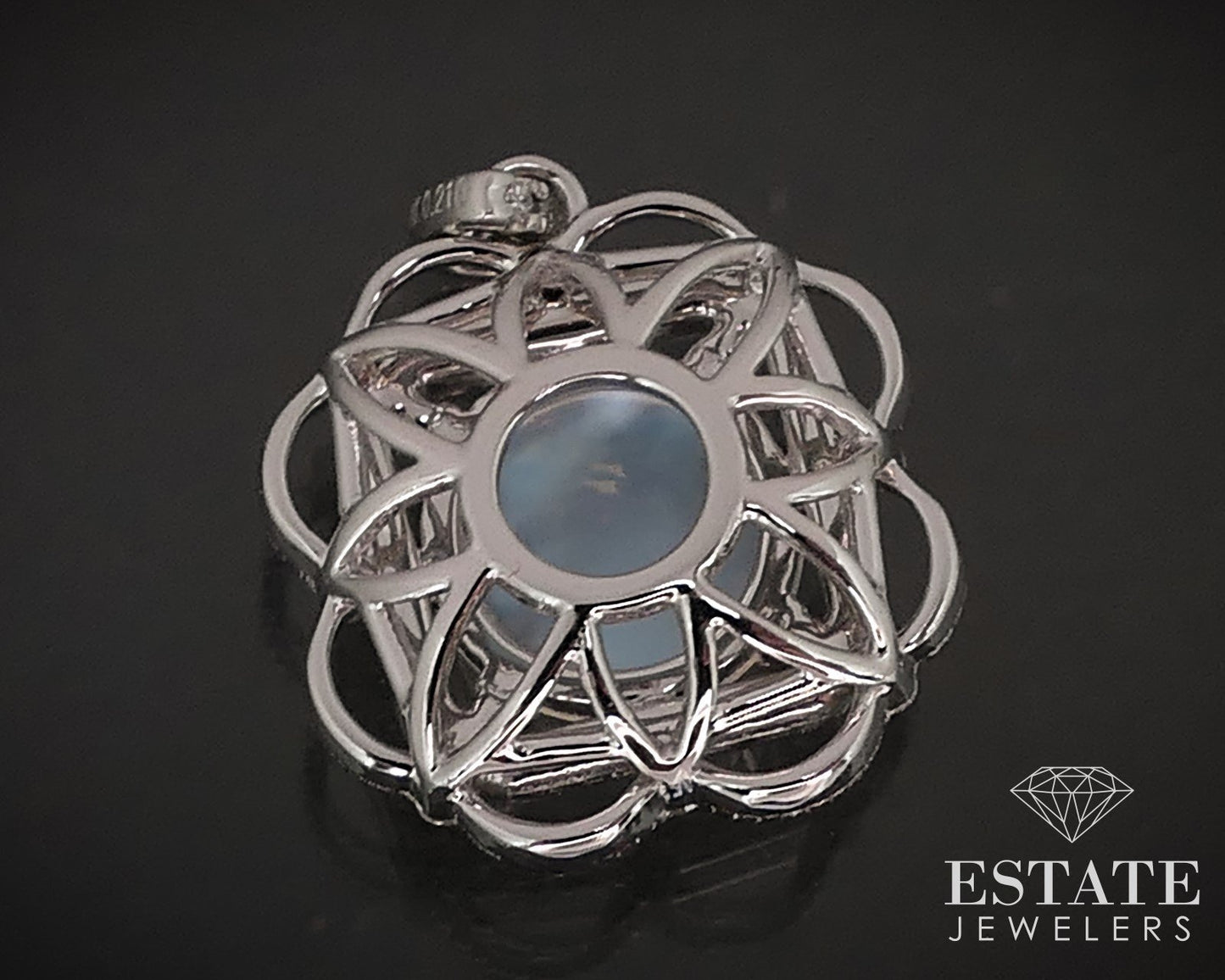 14k White Gold Natural Blue Sheen Moonstone & Diamond Flower Pendant 2.9g i16849