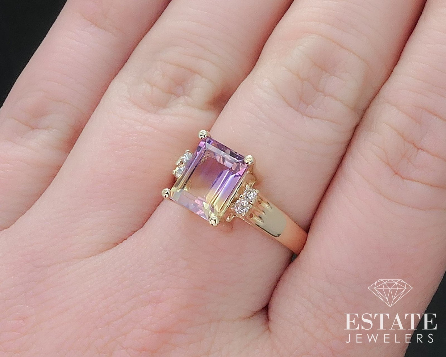 14k Yellow Gold Emerald Natural Ametrine & Diamond Ladies Ring 4.7g i16905
