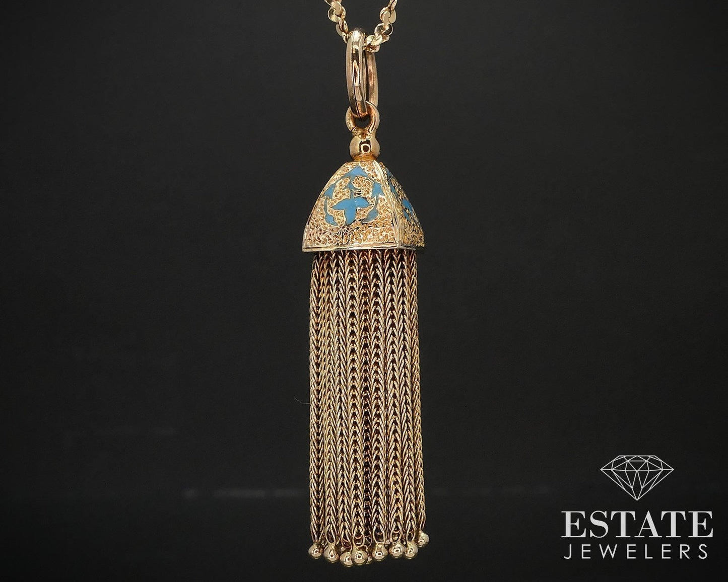 Antique 14k Yellow Gold Enameled Tassel Pendant Necklace 18g 30"L i16901