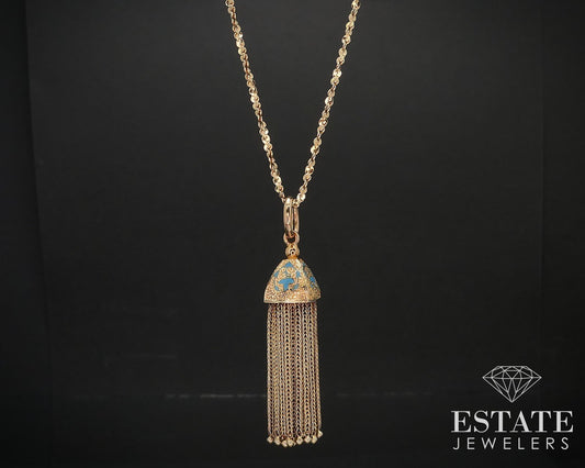 Antique 14k Yellow Gold Enameled Tassel Pendant Necklace 18g 30"L i16901