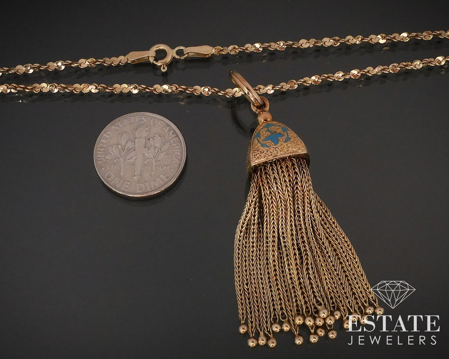 Antique 14k Yellow Gold Enameled Tassel Pendant Necklace 18g 30"L i16901