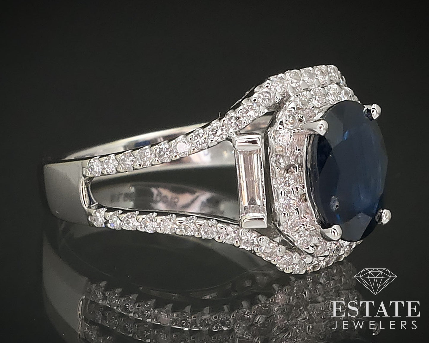 14K White Gold Oval Natural Blue Sapphire & Diamond Halo Ring 5.9g i16972