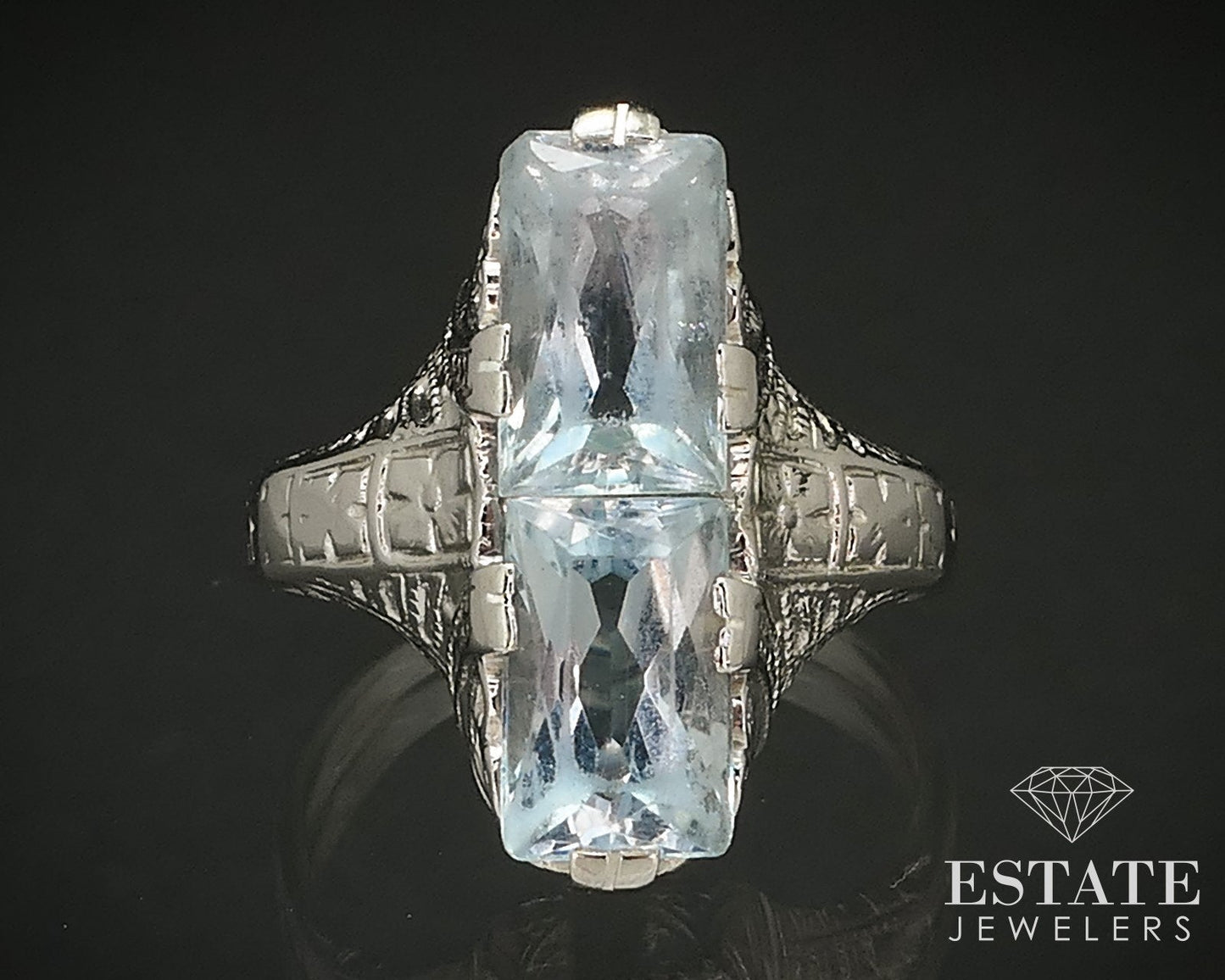 Antique 14k White Gold Natural Aquamarine Filigree Ladies Ring 3.1g i16961