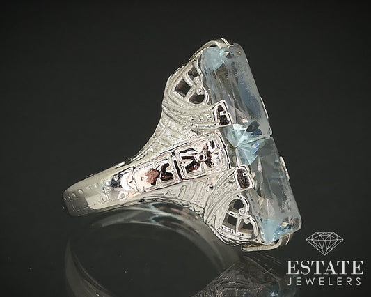 Antique 14k White Gold Natural Aquamarine Filigree Ladies Ring 3.1g i16961