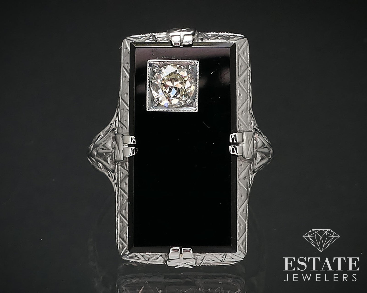 Antique 18k White Gold Black Onyx & .25ct Diamond Filigree Ring 4.4g i16996